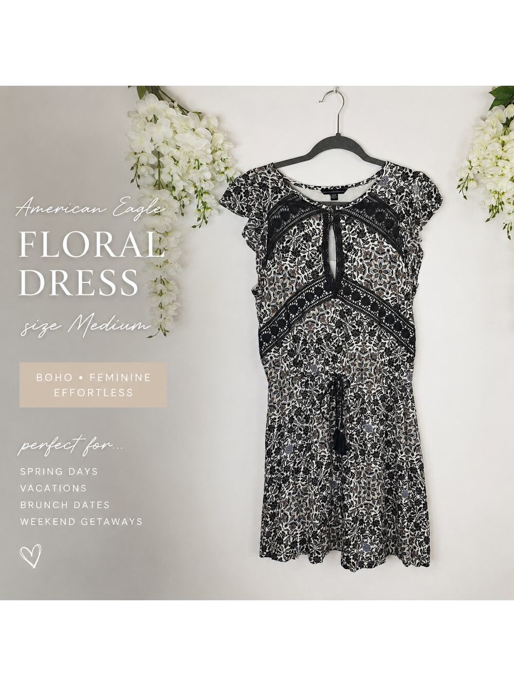 American Eagle Blouson Dress Medium Ivory Floral Lace Keyhole Boho Cottagecore